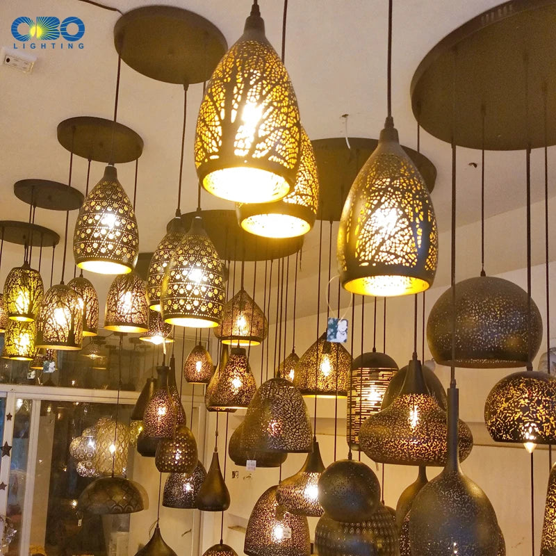 Vintage Pendant Lamp - Black Iron Etching Lampshade, Indoor Lighting for Bar/Teahouse/Restaurant, American Creative E27 Pendant Lights