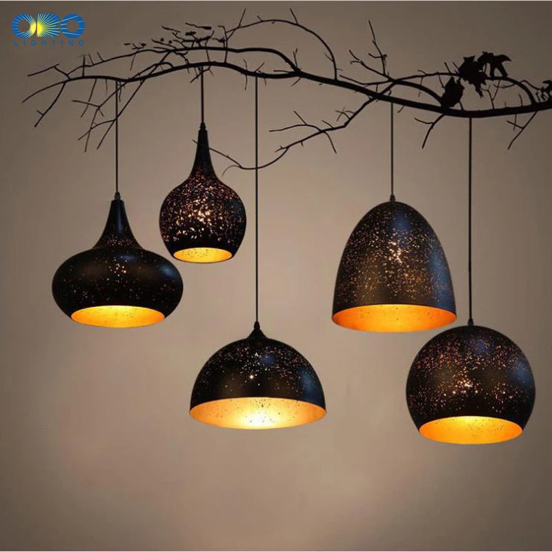Vintage Pendant Lamp - Black Iron Etching Lampshade, Indoor Lighting for Bar/Teahouse/Restaurant, American Creative E27 Pendant Lights