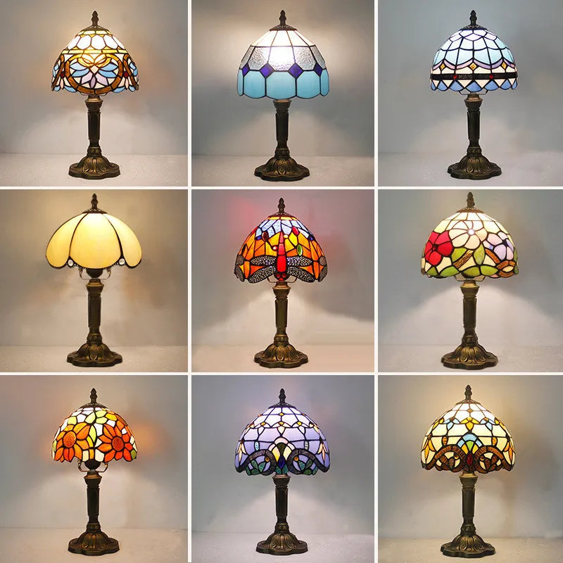 Retro Tiffany Table Lamp - E27 Stained Glass Lampshade, Mediterranean Style Bedroom Bedside Nightstand Light