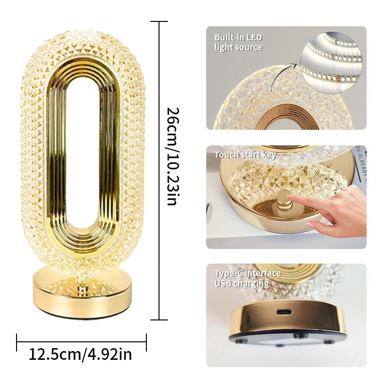 Modern Luxury Oval USB Rechargeable Crystal Table Lamp - Living Room Bedroom Bedside Night Light