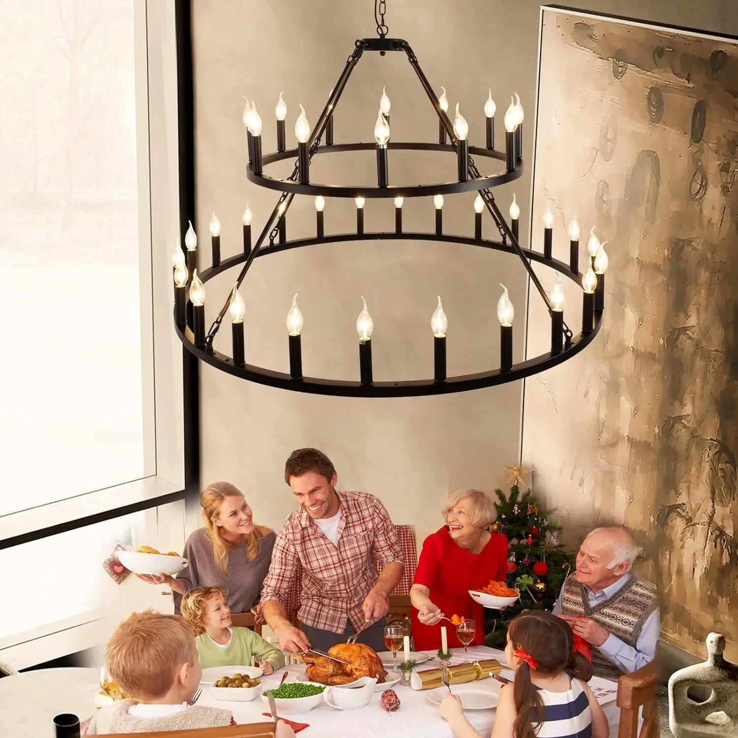 Wagon Wheel Chandelier 2 Tier 36-Light 48-inch - Black Farmhouse Industrial Chandelier, Rustic Candle Pendant Light