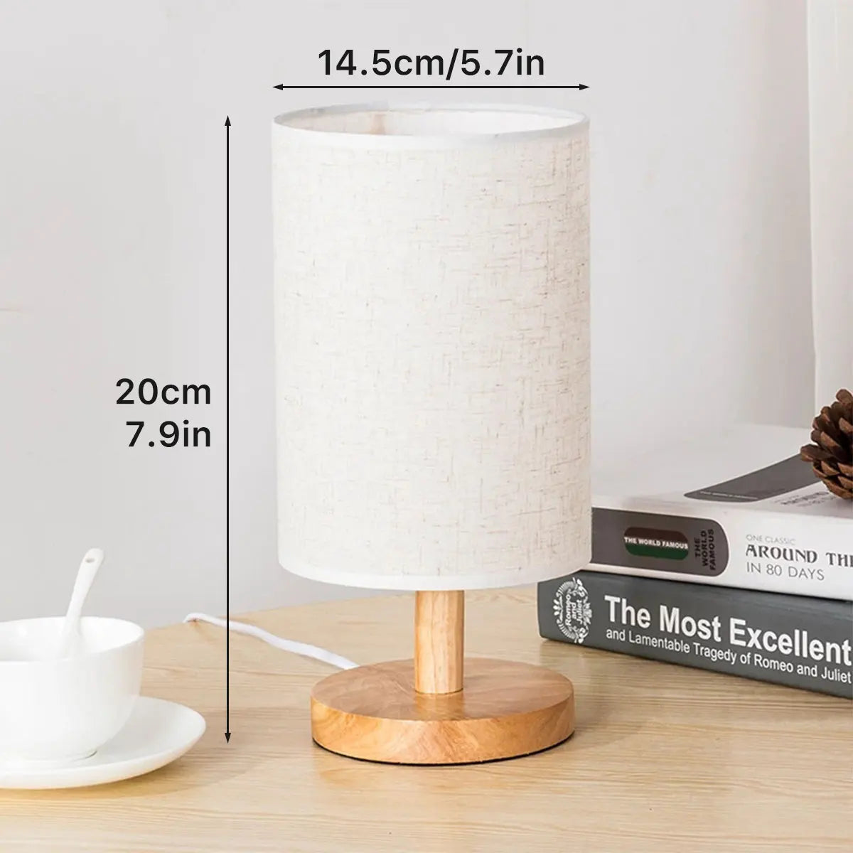 USB Bedside Lamp Night Light Table Lamp - Wooden Desk Lamp with Cylinder Lamp Shade, Home Decor