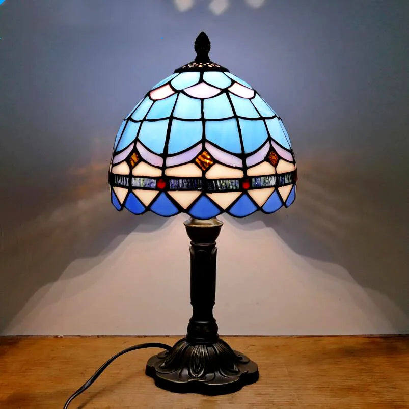 Retro Tiffany Table Lamp - E27 Stained Glass Lampshade, Mediterranean Style Bedroom Bedside Nightstand Light
