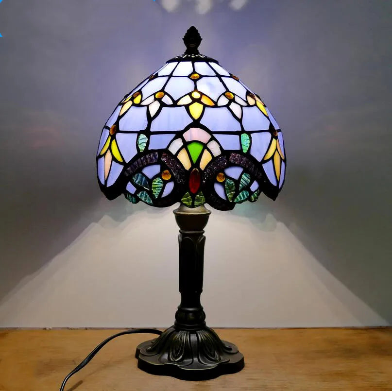 Retro Tiffany Table Lamp - E27 Stained Glass Lampshade, Mediterranean Style Bedroom Bedside Nightstand Light