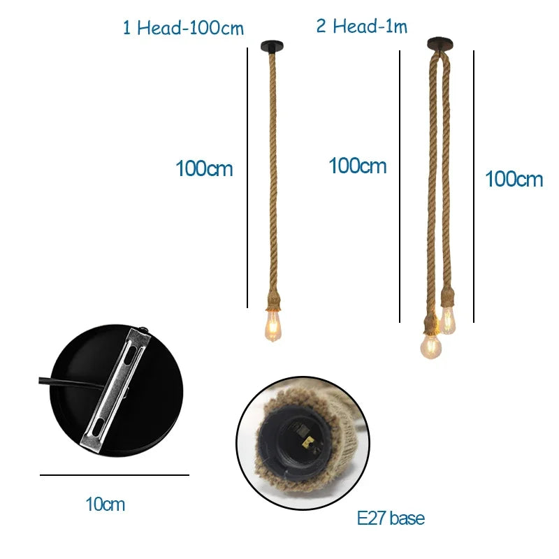 Vintage Hemp Rope Pendant Light - Retro Loft Industrial Hanging Lamp with Edison Bulb, Home Light Decoration