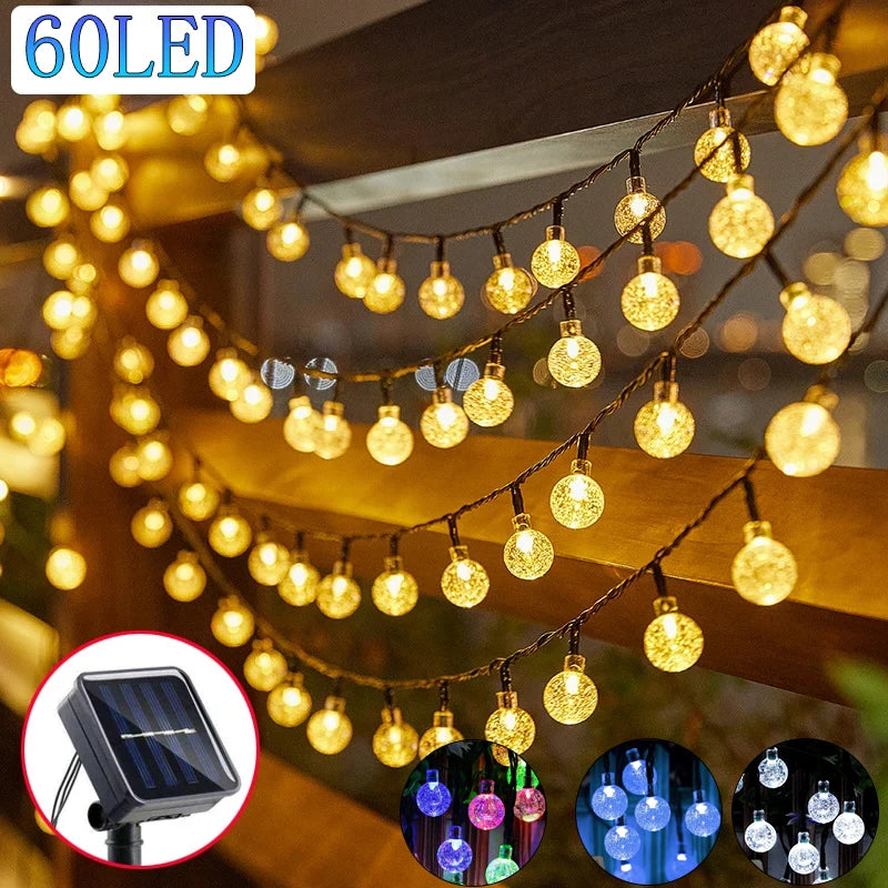 Solar Crystal Globe LED String Lights - 60 LED, 8 Lighting Modes, IP65 Waterproof Fairy Lights for Garden, Party, and Christmas Decor (1pc/2pcs)
