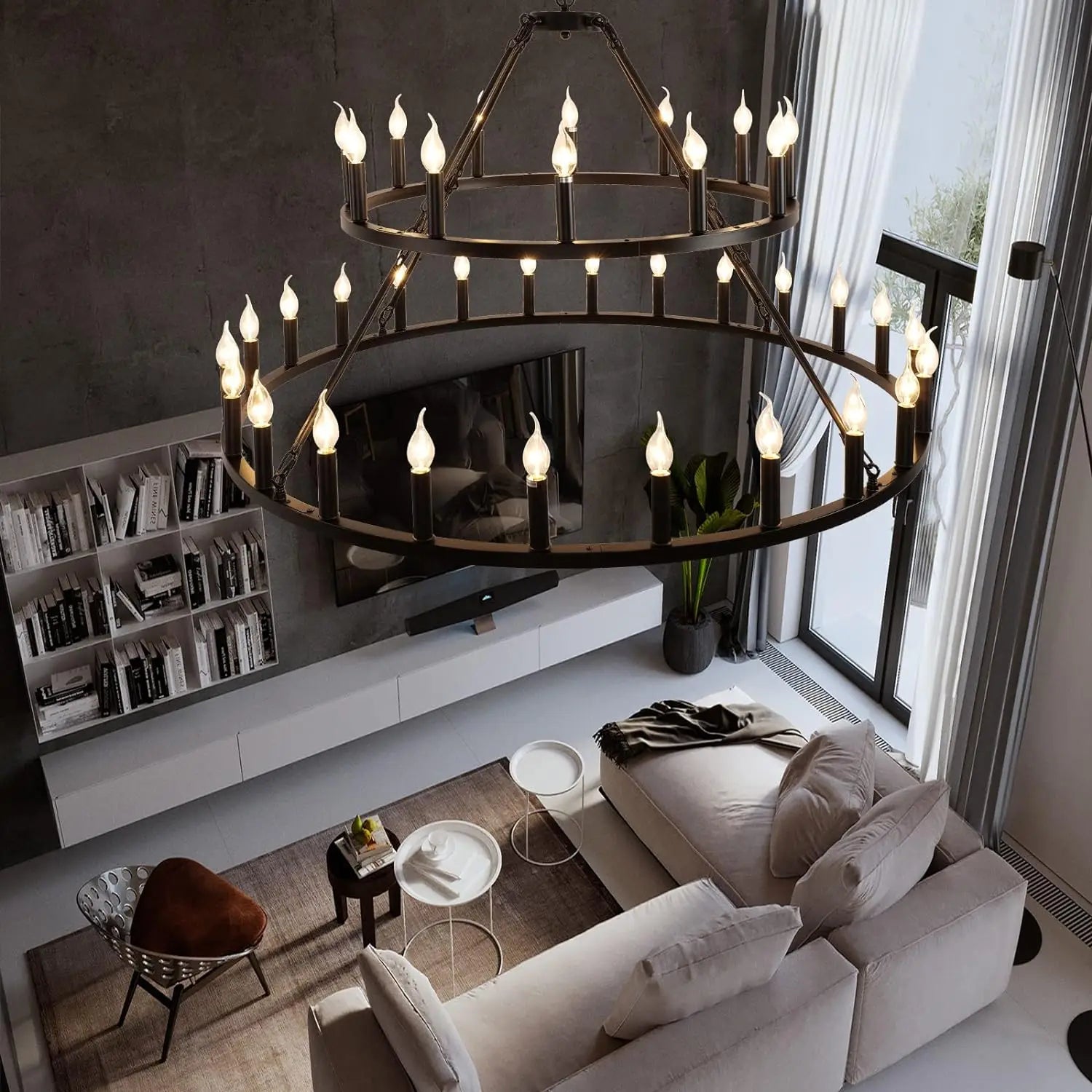 Wagon Wheel Chandelier 2 Tier 36-Light 48-inch - Black Farmhouse Industrial Chandelier, Rustic Candle Pendant Light