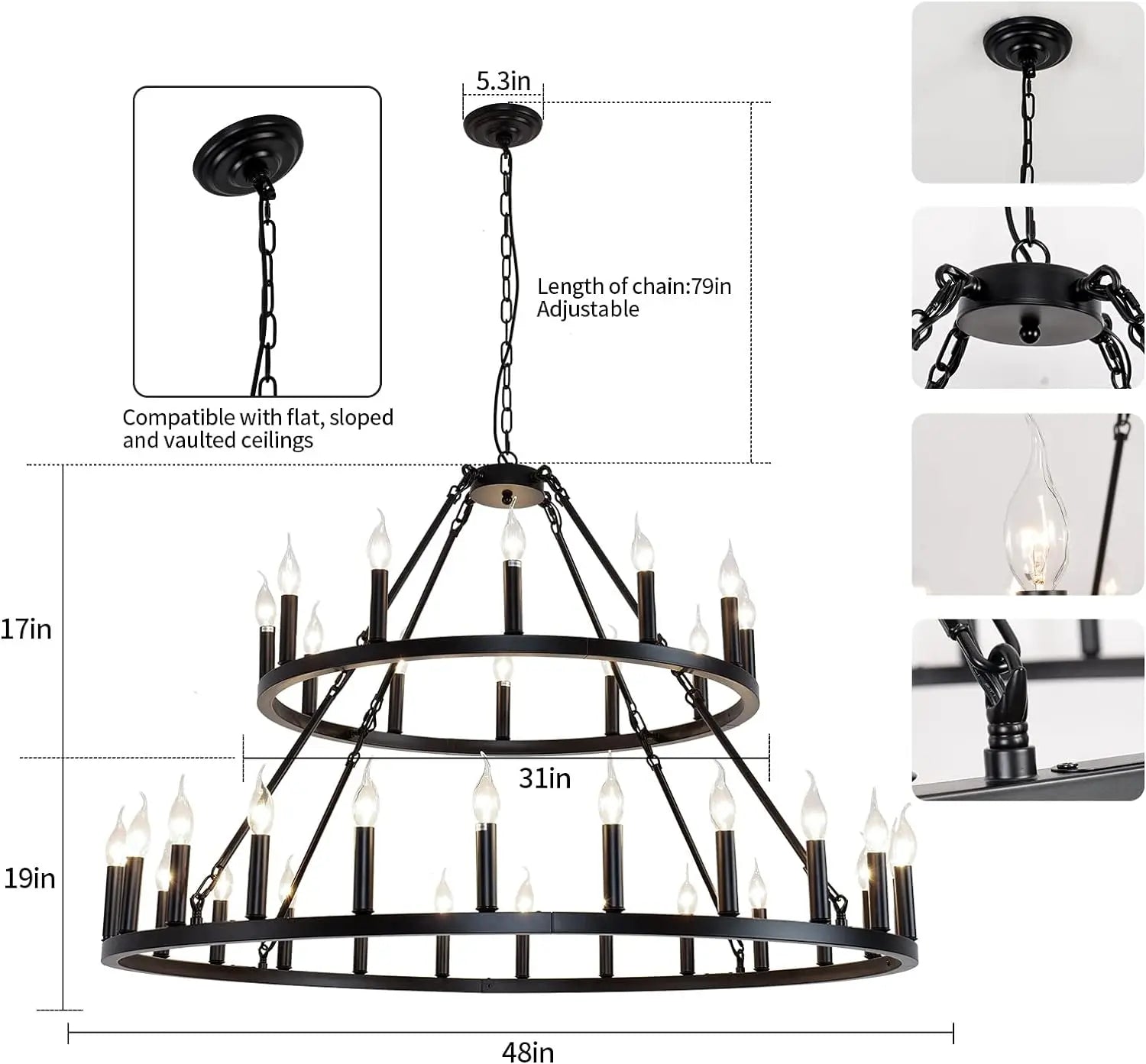 Wagon Wheel Chandelier 2 Tier 36-Light 48-inch - Black Farmhouse Industrial Chandelier, Rustic Candle Pendant Light