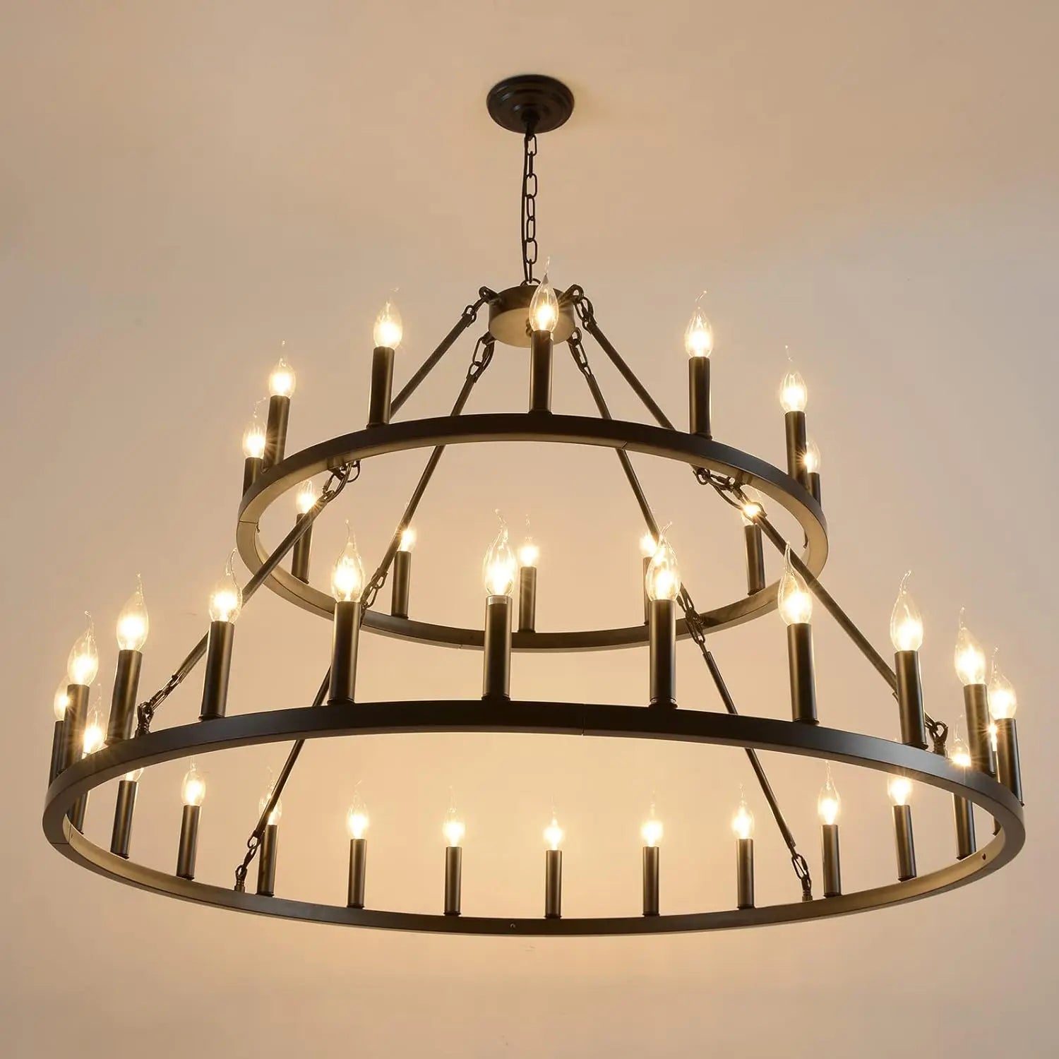 Wagon Wheel Chandelier 2 Tier 36-Light 48-inch - Black Farmhouse Industrial Chandelier, Rustic Candle Pendant Light