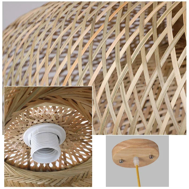 BAMBOO WOOD PENDANT LIGHT /Ceiling Lustre Chandelier /Hanging Lamp /Hand Knitted Braided /Home Living /Bed Room Decor