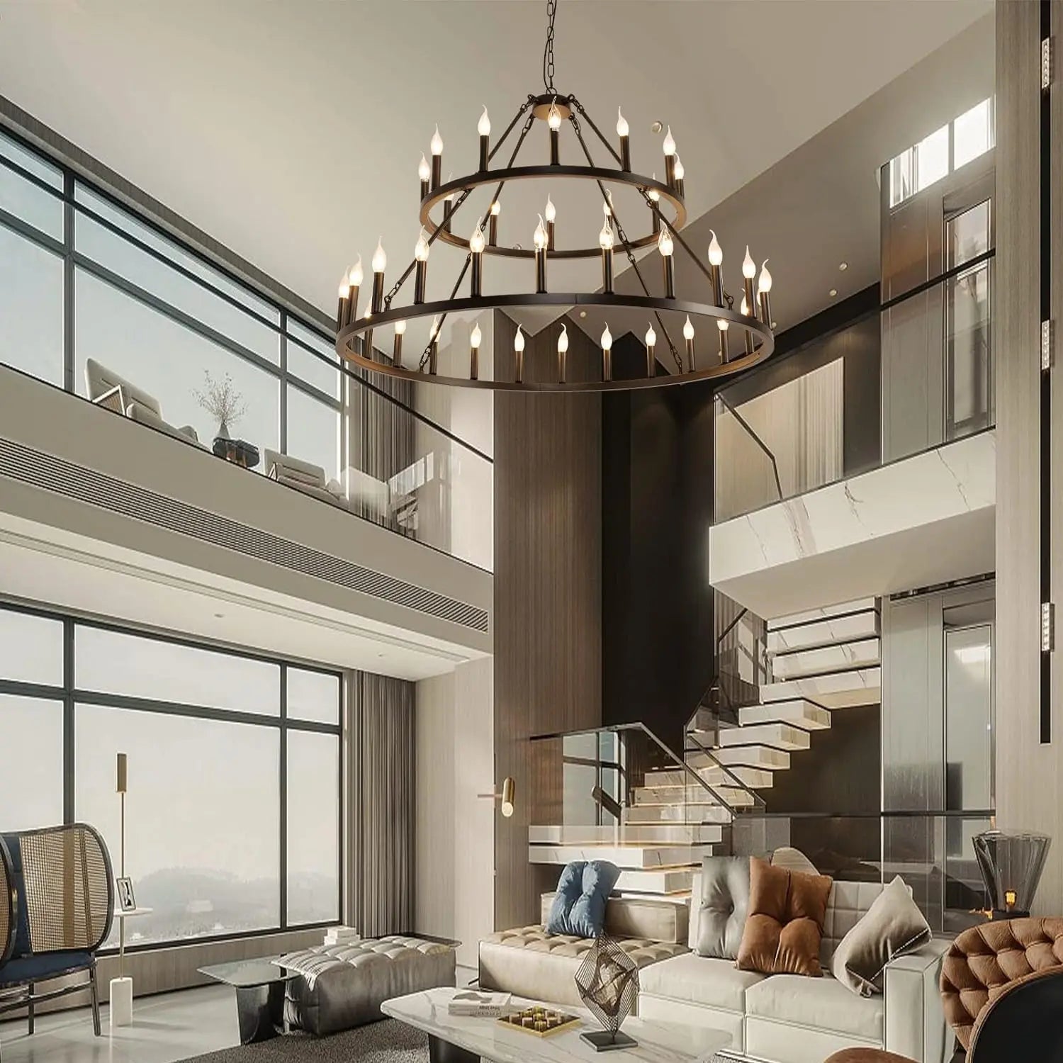 Wagon Wheel Chandelier 2 Tier 36-Light 48-inch - Black Farmhouse Industrial Chandelier, Rustic Candle Pendant Light