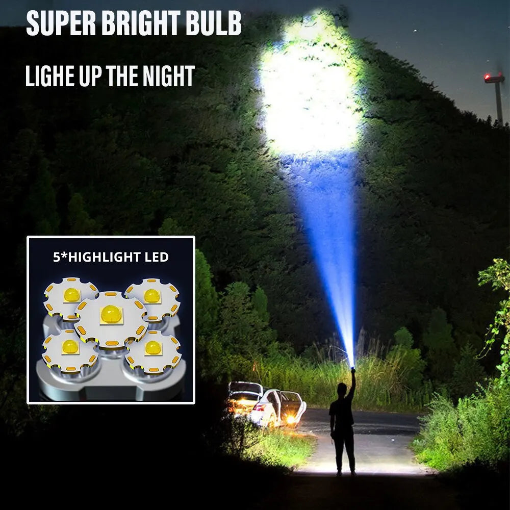 5LED High Power Rechargeable Flashlight - Camping Spotlight with Side Light & 3 Lighting Modes