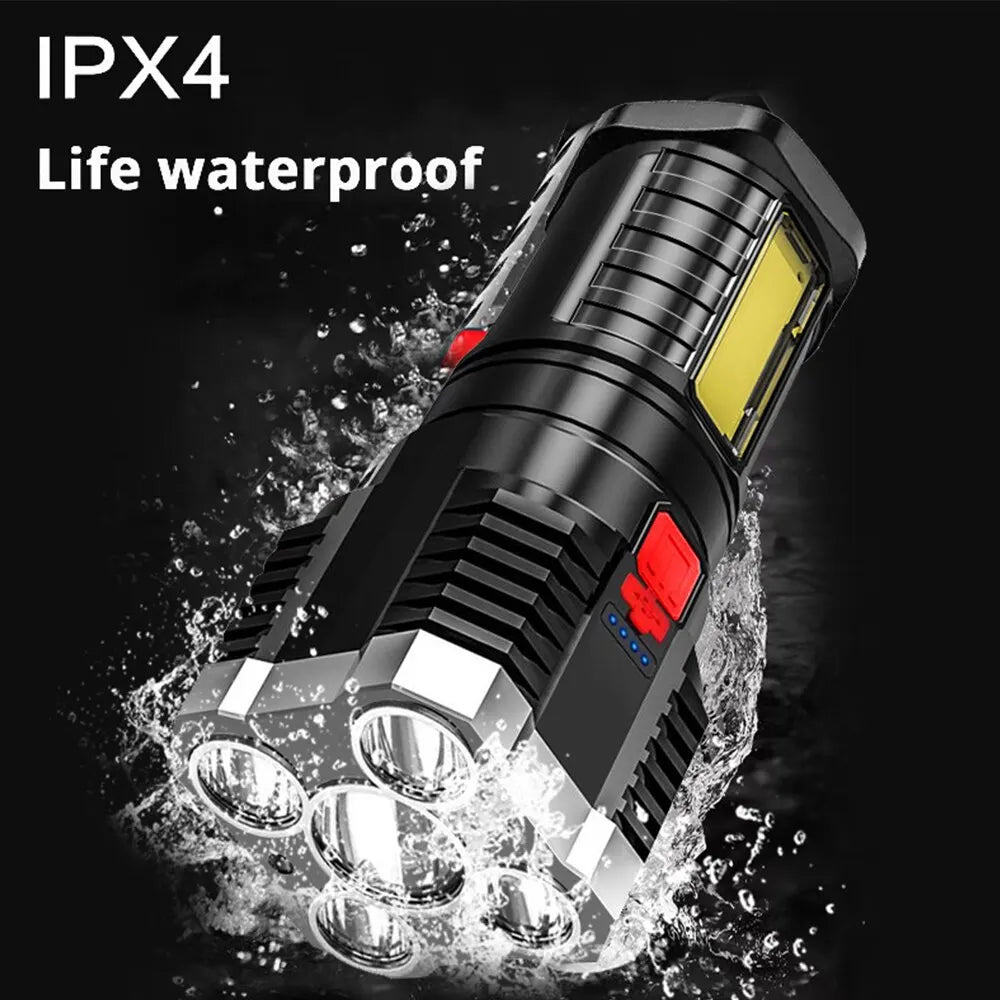 5LED High Power Rechargeable Flashlight - Camping Spotlight with Side Light & 3 Lighting Modes