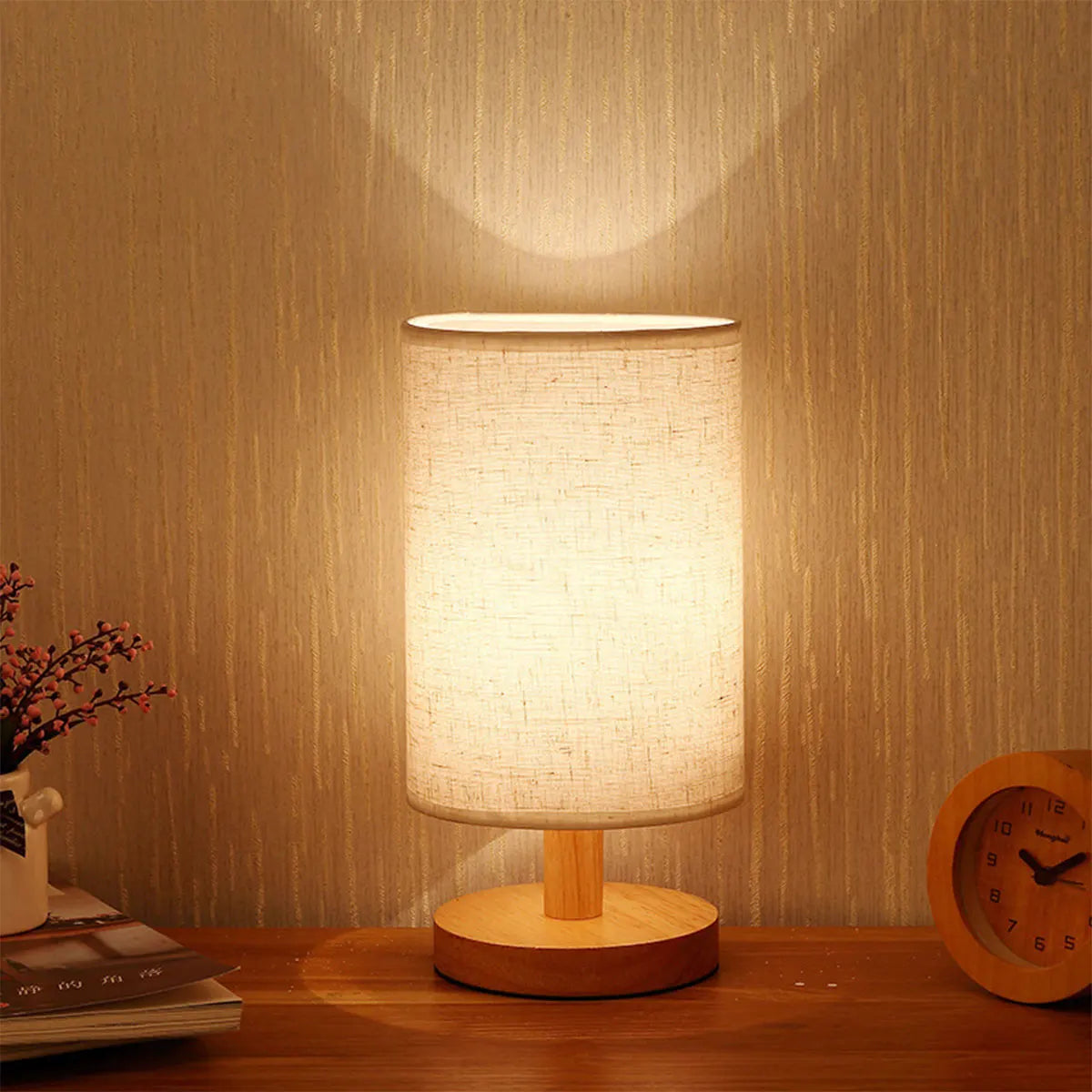USB Bedside Lamp Night Light Table Lamp - Wooden Desk Lamp with Cylinder Lamp Shade, Home Decor