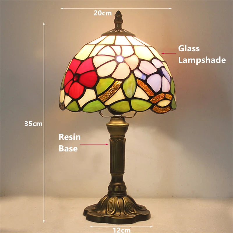 Retro Tiffany Table Lamp - E27 Stained Glass Lampshade, Mediterranean Style Bedroom Bedside Nightstand Light