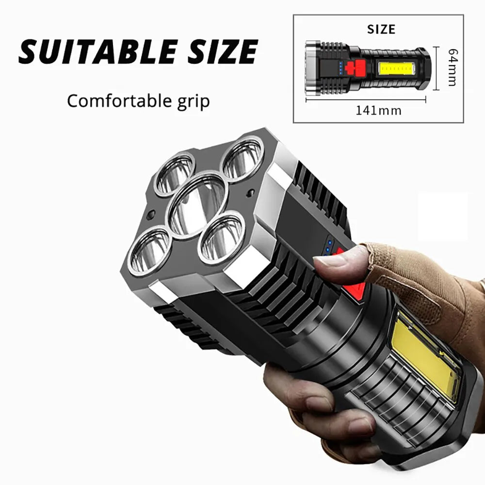 5LED High Power Rechargeable Flashlight - Camping Spotlight with Side Light & 3 Lighting Modes