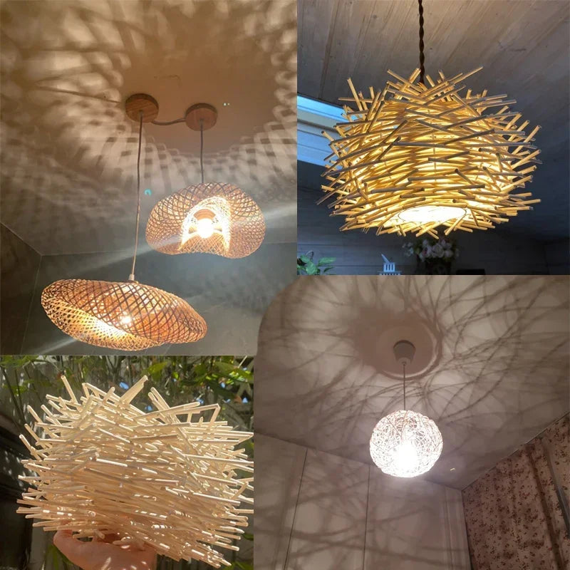 BAMBOO WOOD PENDANT LIGHT /Ceiling Lustre Chandelier /Hanging Lamp /Hand Knitted Braided /Home Living /Bed Room Decor