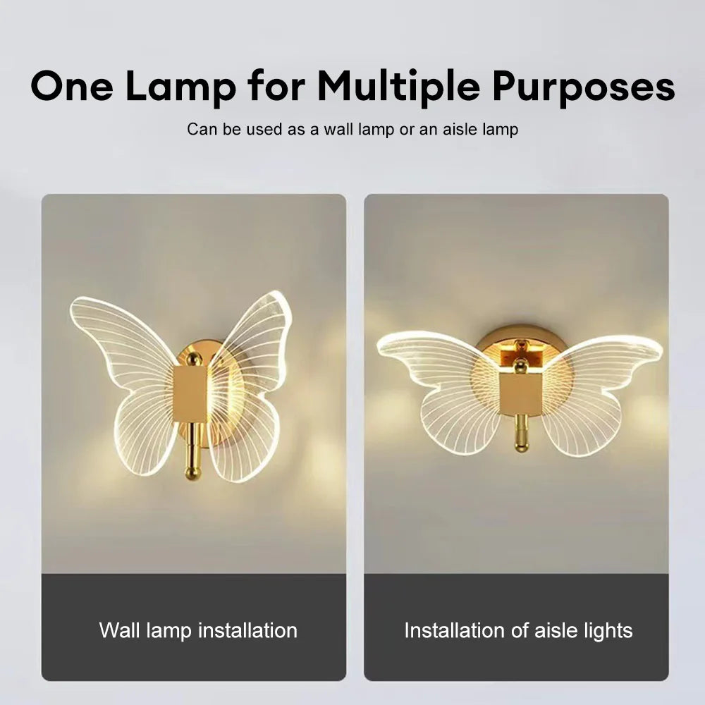 Butterfly LED Wall Lamp - Modern Metal Acrylic, Tricolor Adjustment, Bedside Wall Light Sconces
