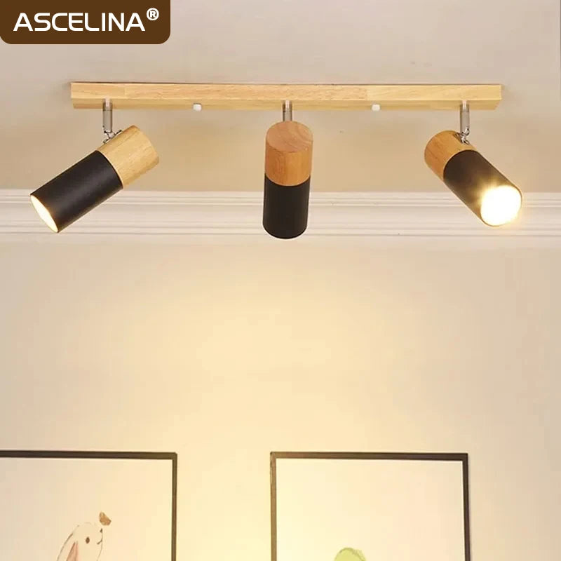 Nordic Wooden Ceiling Light - Single Head Three Rotatable Spotlight, Living Room Bedroom Dining Room Lighting Fixture