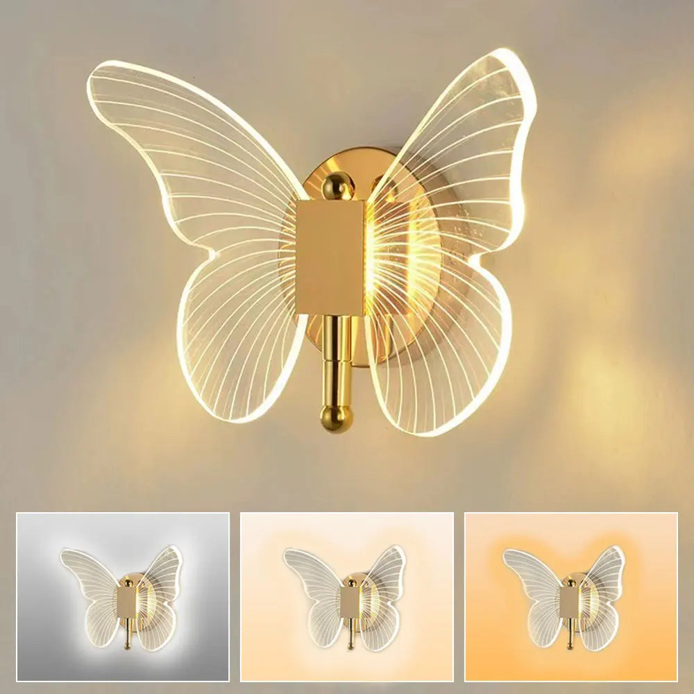 Butterfly LED Wall Lamp - Modern Metal Acrylic, Tricolor Adjustment, Bedside Wall Light Sconces