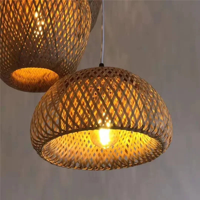 BAMBOO WOOD PENDANT LIGHT /Ceiling Lustre Chandelier /Hanging Lamp /Hand Knitted Braided /Home Living /Bed Room Decor